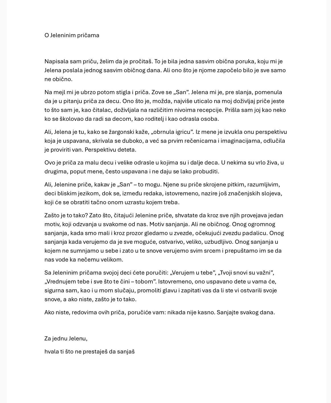 Utisak čitaoca Za jednu Jelenu